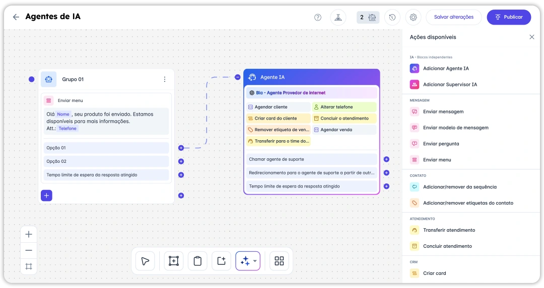 Editor de automações: mensagens conectadas a um agente de IA e ações de atendimento
