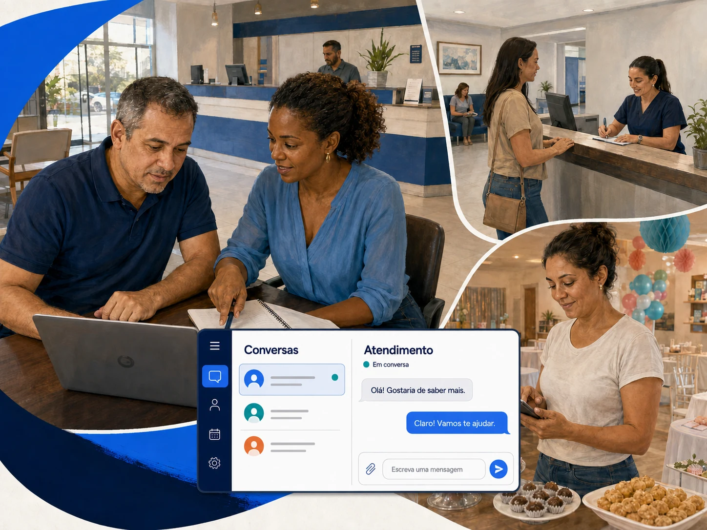Composição ilustrada de consultoria junto à equipe, hotelaria, clínica e eventos, com uma interface de atendimento em destaque