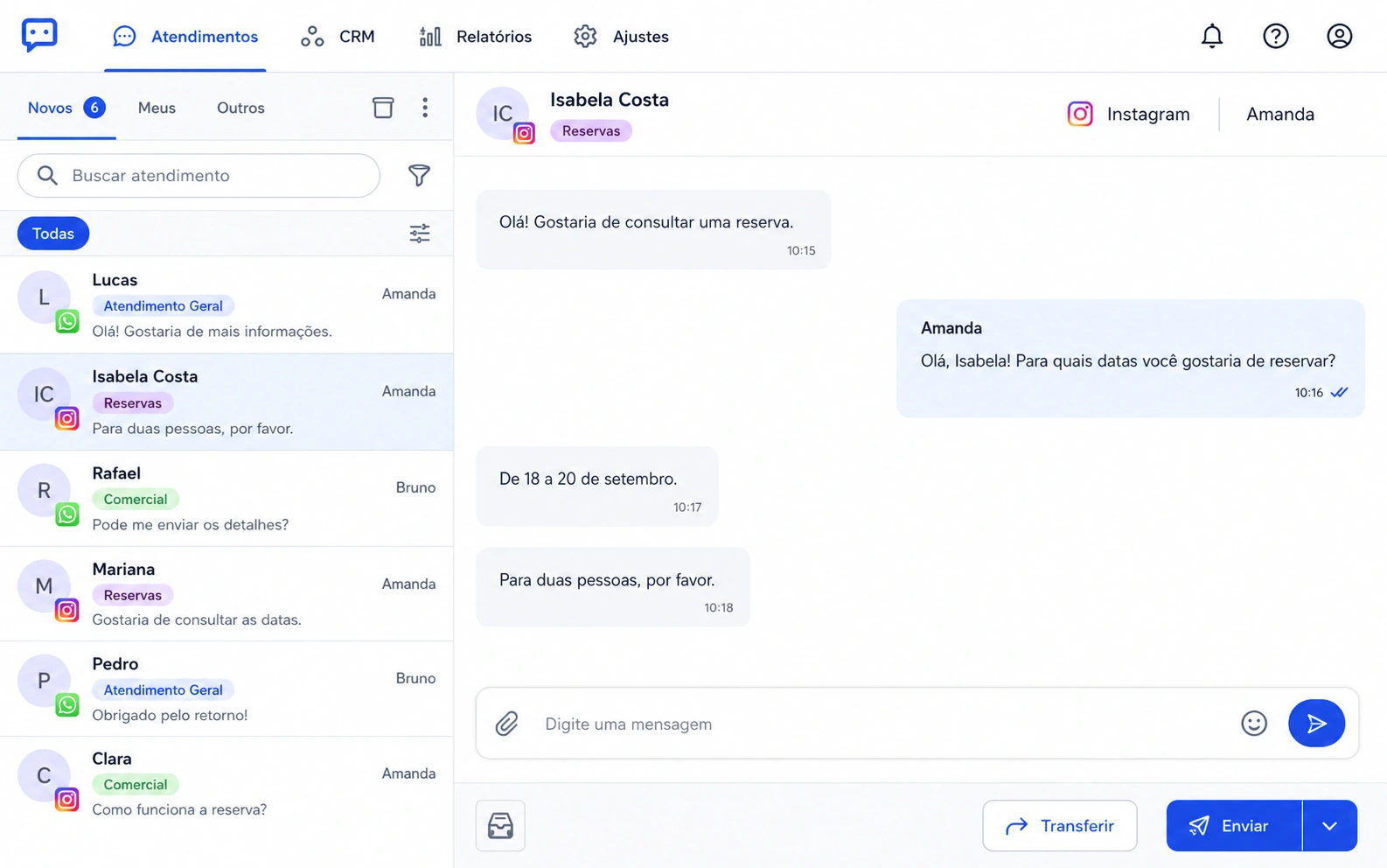 Atendimento multicanal: WhatsApp e Instagram na mesma caixa de entrada, com histórico e transferência para a equipe
